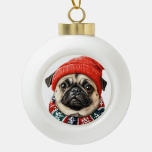 Weihnachtshut niedlicher Mops Keramik Kugel-Ornament