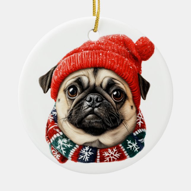 Weihnachtshut niedlicher Mops Keramik Ornament (Vorne)