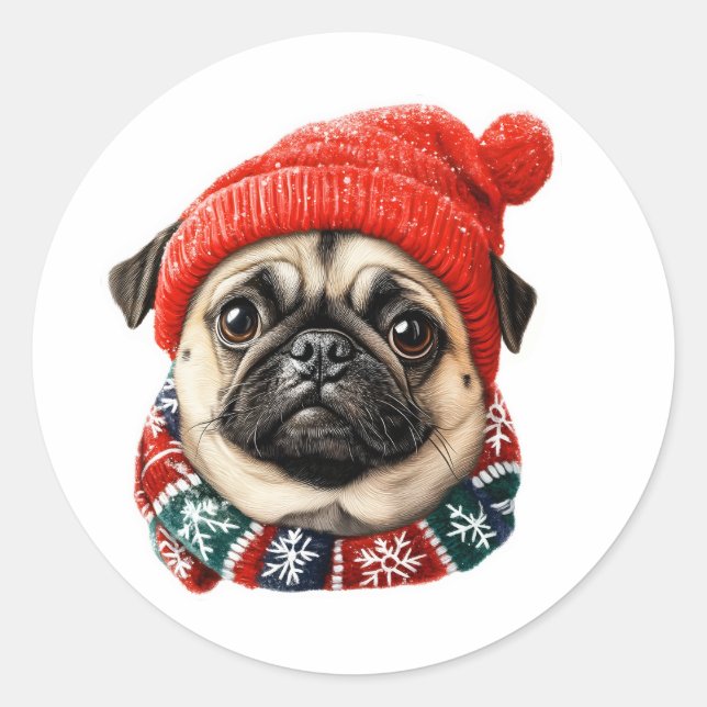 Weihnachtshut niedlicher Mops Runder Aufkleber (Vorderseite)
