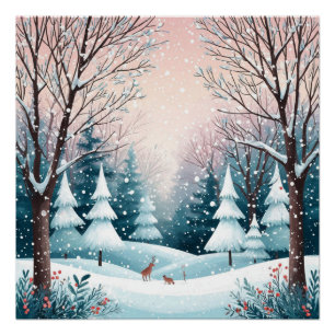 Weihnachtshütte im Schnee mit leuchtendem Baum Poster