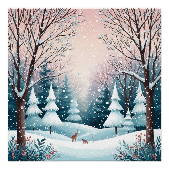 Weihnachtshütte im Schnee mit leuchtendem Baum Poster (Vorderseite)