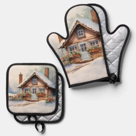 Weihnachtshütte in Schneelandschaft Ofenhandschuh & Topflappen-Set