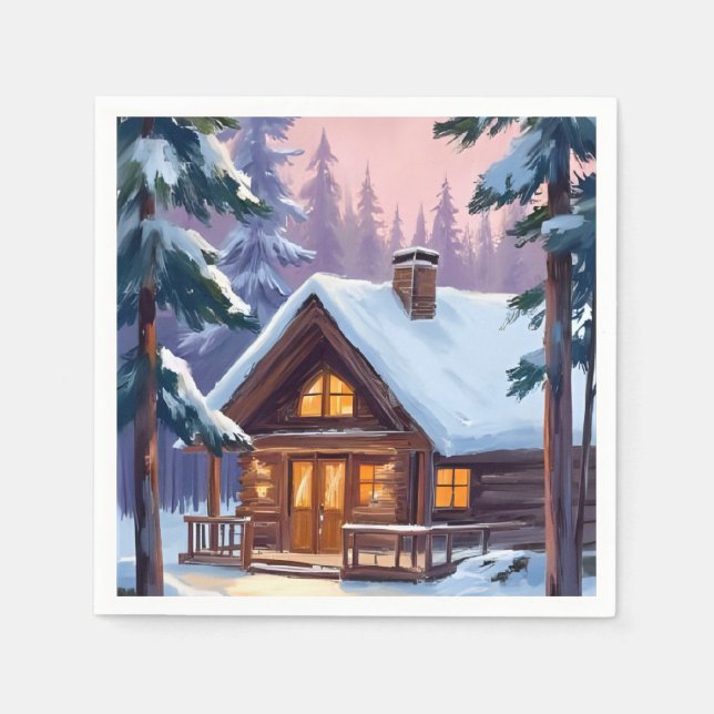 Weihnachtshütte Wald Winter Schnee Urlaub Serviette (Vorderseite)