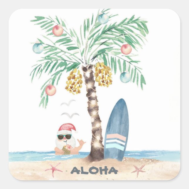 Weihnachtsinsel Palm Surf Santa Tropical Beach Quadratischer Aufkleber (Vorderseite)