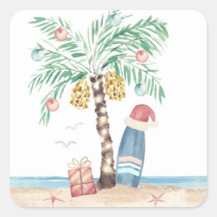 Weihnachtsinsel Palm Surf Santa Tropical Beach Quadratischer Aufkleber