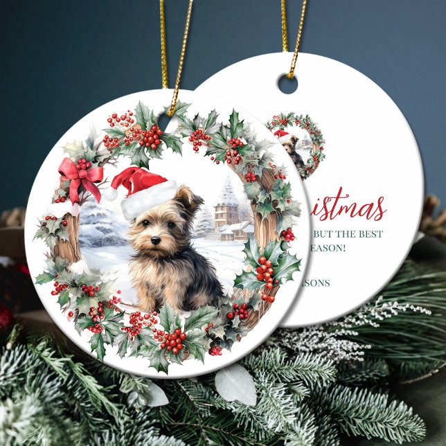 Weihnachtsjorkshire Terrier Hund Welpe Weihnachtsm Keramik Ornament (Christmas yorkshire terrier dog puppy Santa hat Ceramic Ornament)