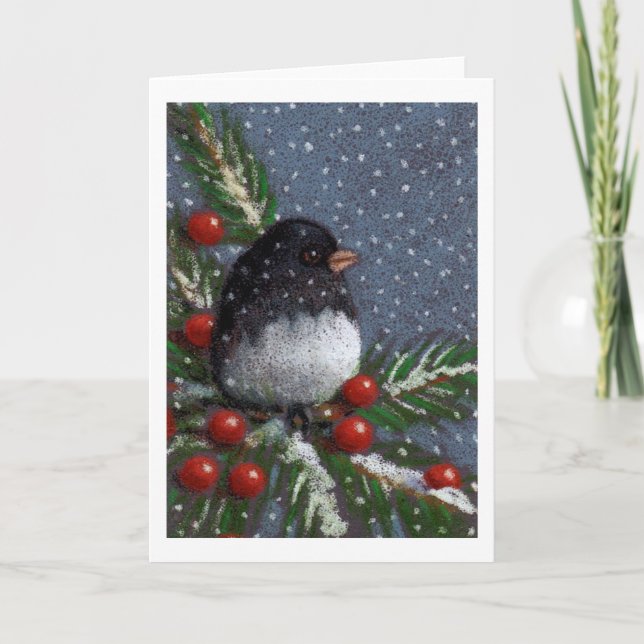 Weihnachtsjunco-Vogel, Farbbleistift: Beeren, Feiertagskarte (Vorderseite)