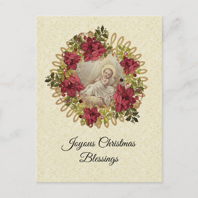 Weihnachtsjung Jesus in Manger Floral Pointsettia Postkarte (Vorderseite)