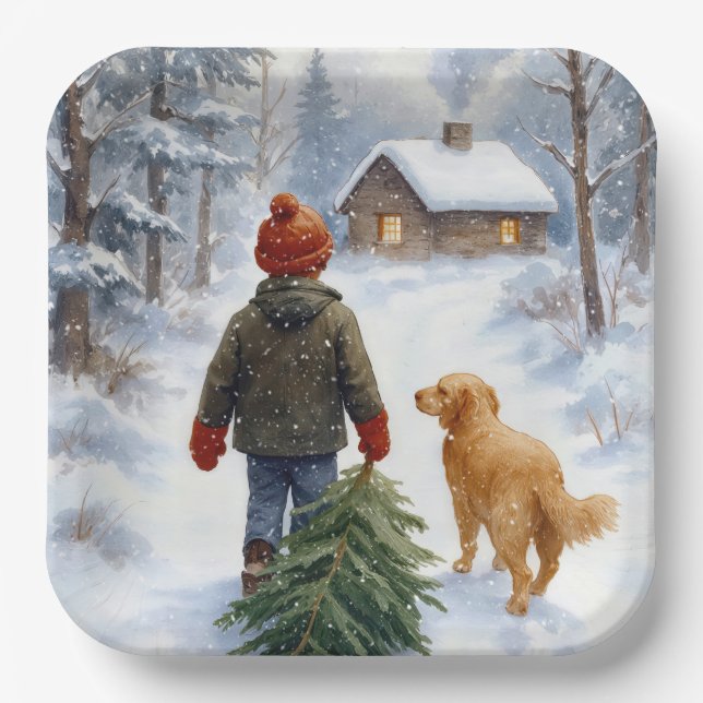 Weihnachtsjunge in Schneeflocken mit Tanne und Hun Pappteller (Vorderseite)