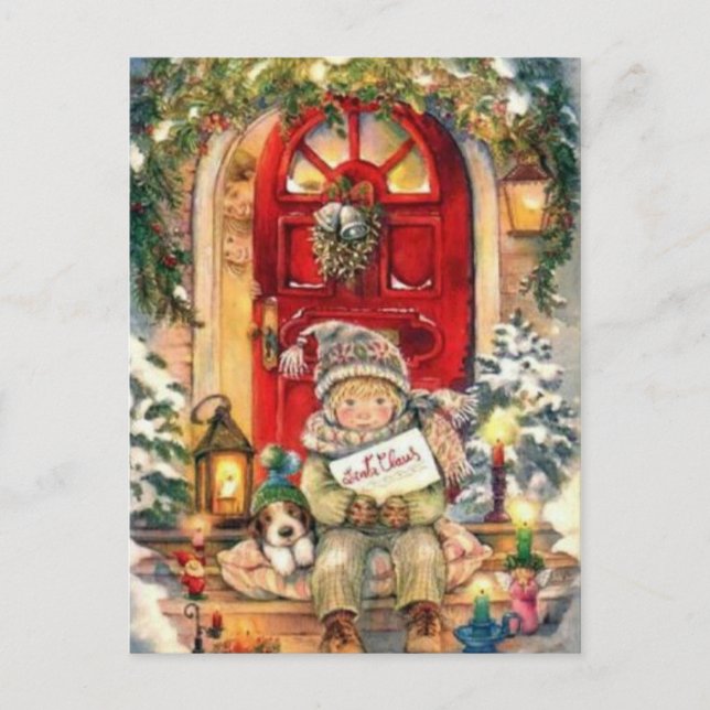 Weihnachtsjunge und Hund Feiertagspostkarte (Vorderseite)
