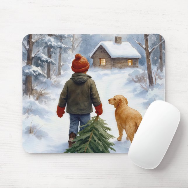 Weihnachtsjunge zieht einen immergrünen Baum nach  Mousepad (Mit Mouse)
