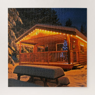 Weihnachtskabine Schnee Nacht Puzzle