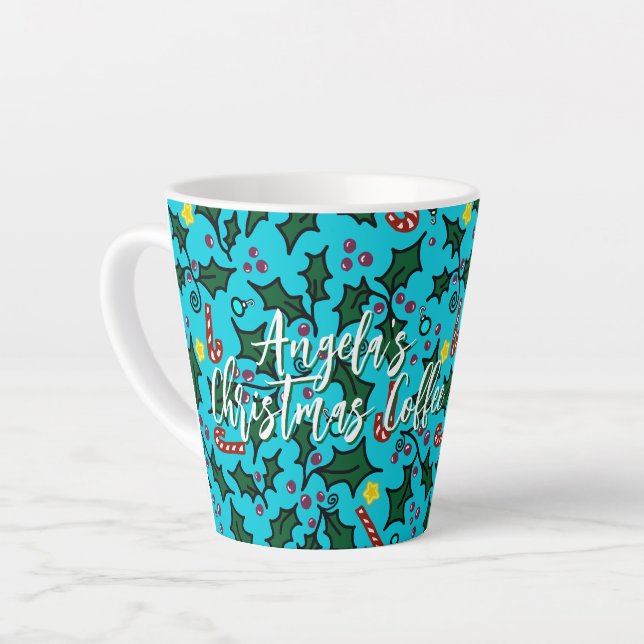Weihnachtskaffee Aqua Blau Muster mit Namen Milchtasse (Linke Ecke)