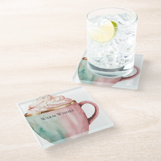 Weihnachtskakao Gold Pink Minze Warme Wünsche Glasuntersetzer (Schrägansicht)