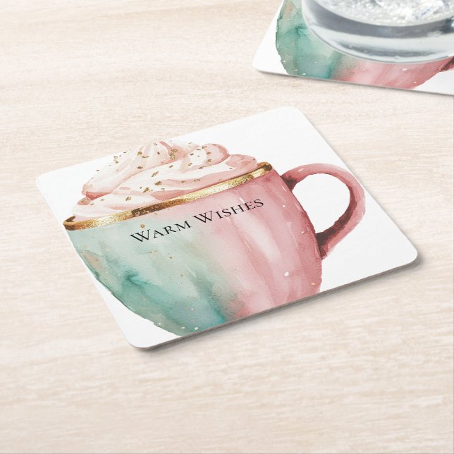 Weihnachtskakao Gold Pink Minze Warme Wünsche Rechteckiger Pappuntersetzer (angewinkelt)