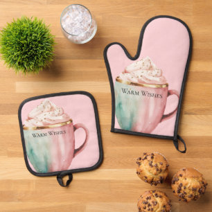 Weihnachtskakao Gold Rosa Minze Warme Wünsche Ofenhandschuh & Topflappen-Set
