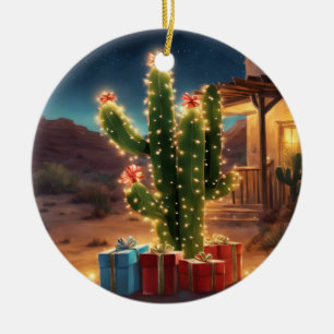 Weihnachtskaktus mit Geschenken vor einem Haus Keramik Ornament