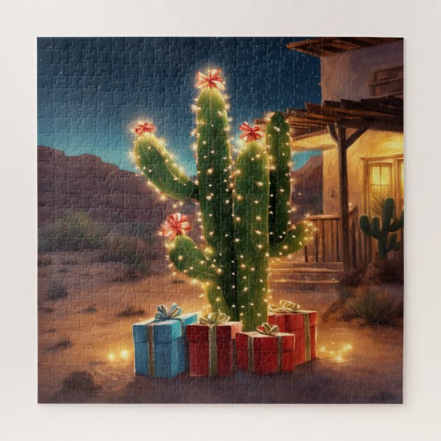 Weihnachtskaktus mit Geschenken vor einem Haus Puzzle (Vertikal)