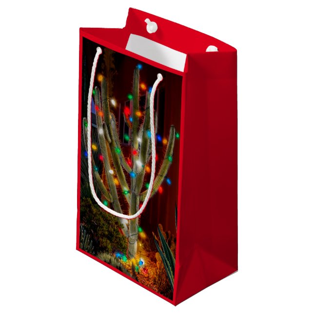 Weihnachtskaktus mit leuchtenden Lichtern Kleine Geschenktüte (Vorderseite Schrägansicht)