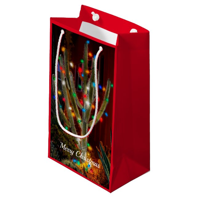 Weihnachtskaktus mit leuchtenden Lichtern rote Ges Kleine Geschenktüte (Vorderseite Schrägansicht)