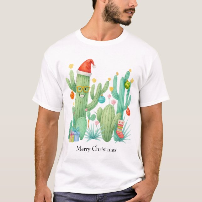 Weihnachtskaktus mit Weihnachtsmannmütze & Ornamen T-Shirt (Vorderseite)