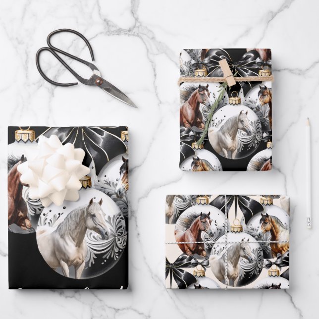 Weihnachtskalender für Pferde in schwarz und gold Geschenkpapier Set (Vorderseite)