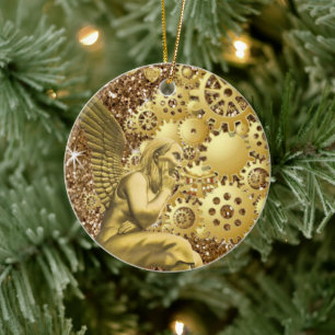 Weihnachtskalender, Goldener Engel Keramik Ornament