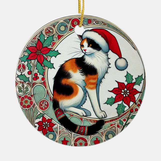 Weihnachtskalico Cat Santa Keramik Ornament (Vorne)