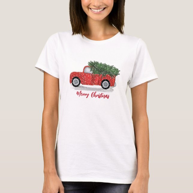 Weihnachtskalligrafie Rustikaler Rotlastwagen T-Shirt (Vorderseite)