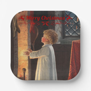 Weihnachtskamin, Strümpfe und Kind Pappteller