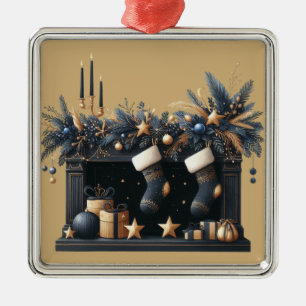 WEIHNACHTSKAMIN-SZENE MIT KERZEN & STRÜMPFEN ORNAMENT AUS METALL