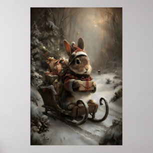 Weihnachtskaninchen auf Schlitten, gemütliche Wint Poster
