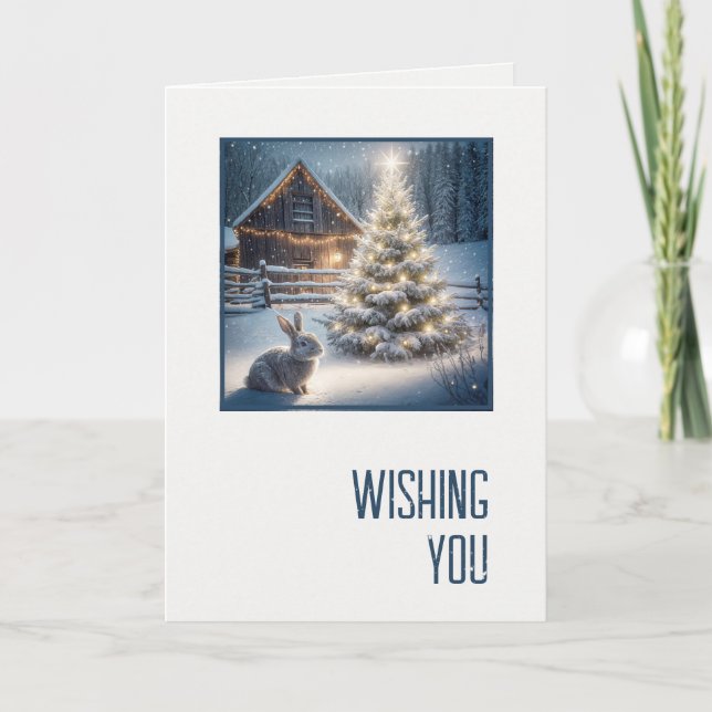 Weihnachtskaninchen mit leuchtendem Baum und Scheu Karte (Vorderseite)