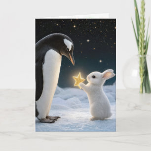 Weihnachtskaninchen und Pinguin mit Neonstern Karte