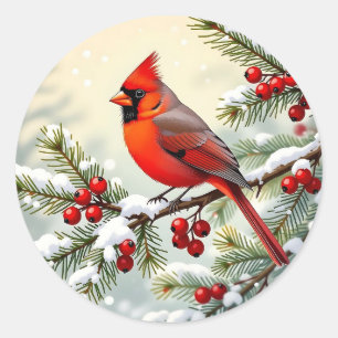 Weihnachtskardinal auf schneebedecktem Kiefernzwei Runder Aufkleber