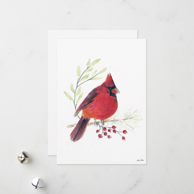 Weihnachtskardinal-Beeren-Kunst Feiertagskarte (Vorderseite/Rückseite Beispiel)