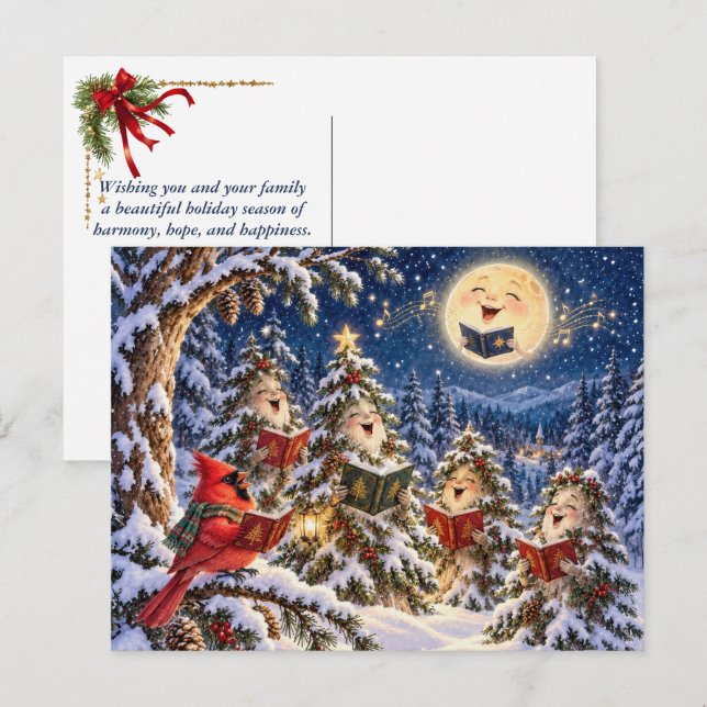 Weihnachtskardinal und Winterbaum-Chor Postkarte (Vorne/Hinten)
