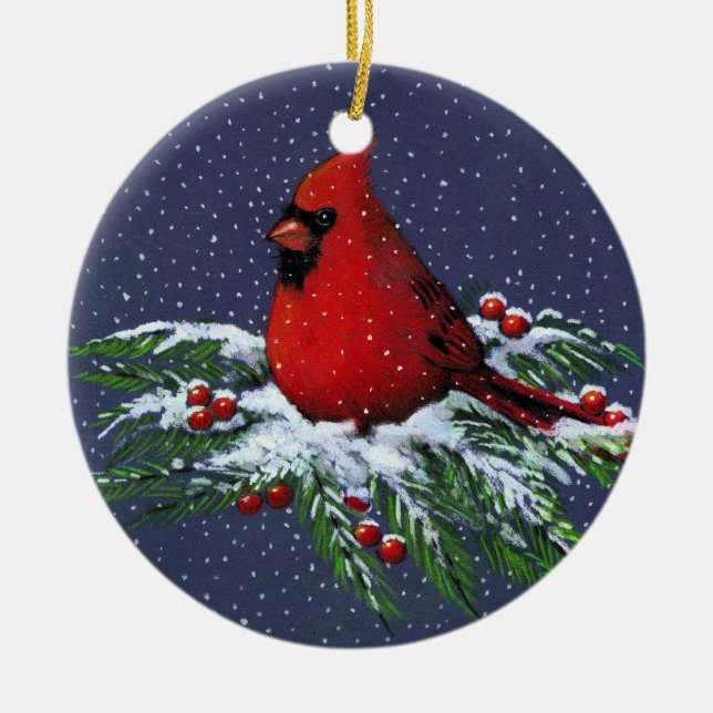 WEIHNACHTSKardinal: VOGEL: SCHNEE: KUNST Keramikornament (Vorne)