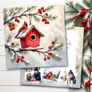 Weihnachtskardinal & Vogelhaus Personalisiertes Fo Feiertagskarte