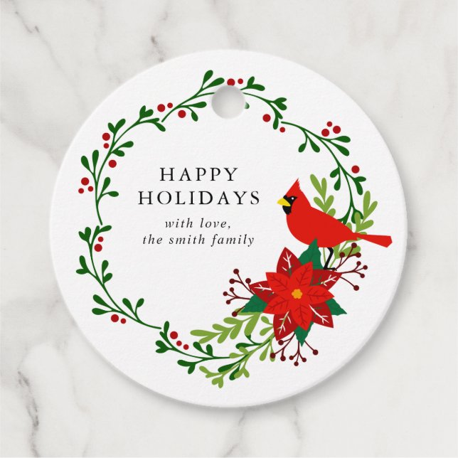 Weihnachtskardinal, Weihnachtsstern-Kranz Urlaub Geschenkanhänger (Vorderseite)