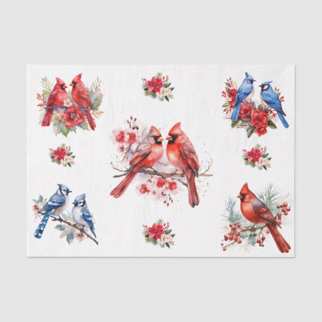 Weihnachtskardinäle Blaue Vögel Elemente Decoupage Seidenpapier (Vorderseite)