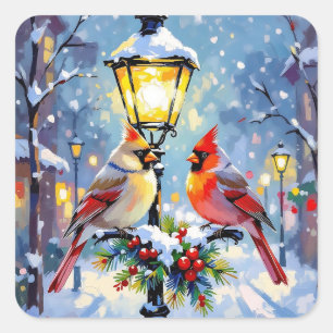 Weihnachtskardinäle und schneebedeckter Laternenpf Quadratischer Aufkleber