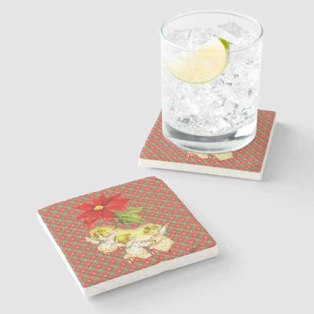Weihnachtskariert mit Engeln Steinuntersetzer (Seitenansicht)