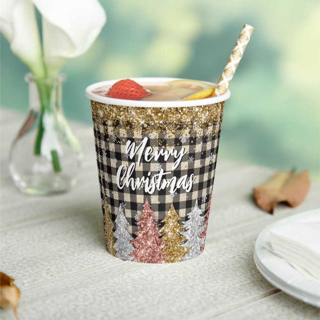 Weihnachtskariert und Glitter mit Text Pappbecher (In Situ)