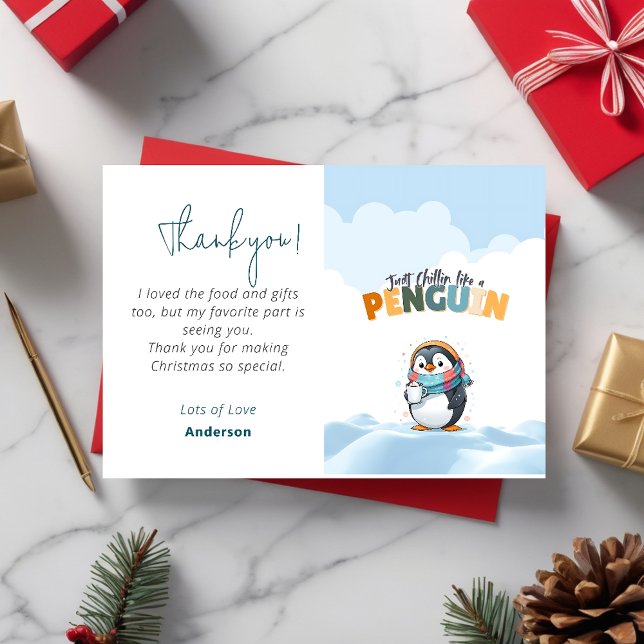 Weihnachtskarikatur wie Chillin wie ein Pinguin Dankeskarte (Christmas Cartoonish Just Chillin Like a Penguin Thank You Card)