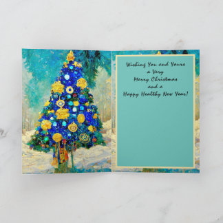 Weihnachtskarte blaue und goldene Bäume im stilisi Karte