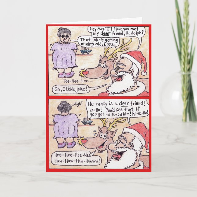 Weihnachtskarte - Cartoon, "Rotwild-Freund " Feiertagskarte (Vorderseite)