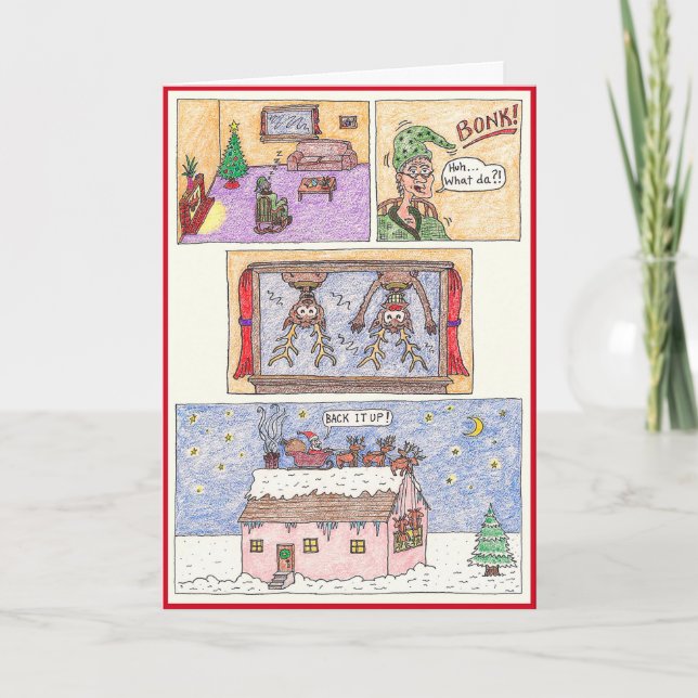 Weihnachtskarte - Cartoon, "über dem Spitzen " Feiertagskarte (Vorderseite)