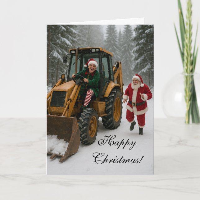 Weihnachtskarte - Elf stiehlt Santas Bagger  Karte (Vorderseite)
