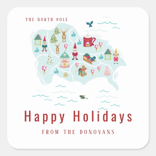 Weihnachtskarte für das Dorf Nordpol Quadratischer Aufkleber (Vorderseite)